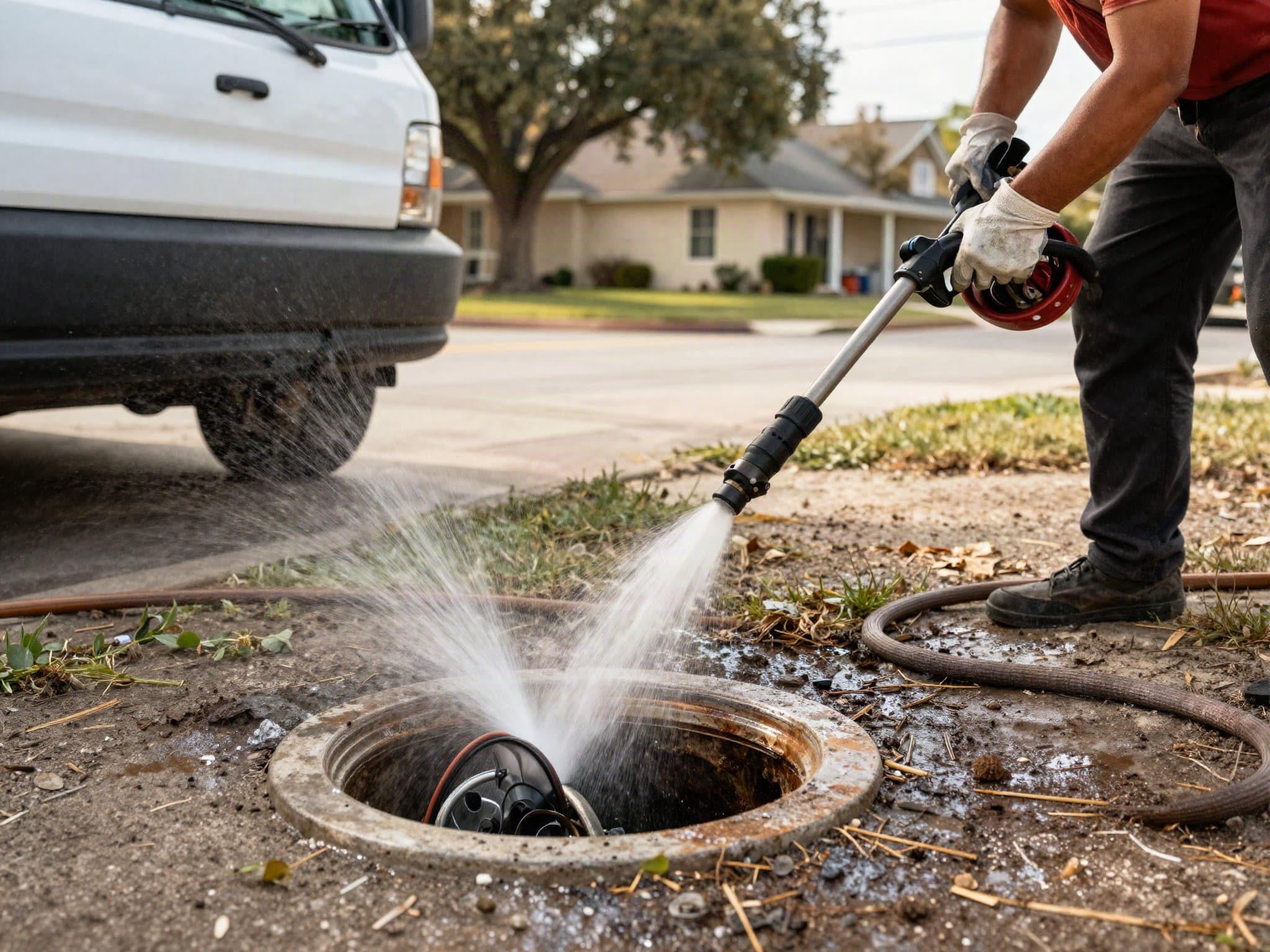 High-pressure hydro jetting equipment clearing a sewer main line