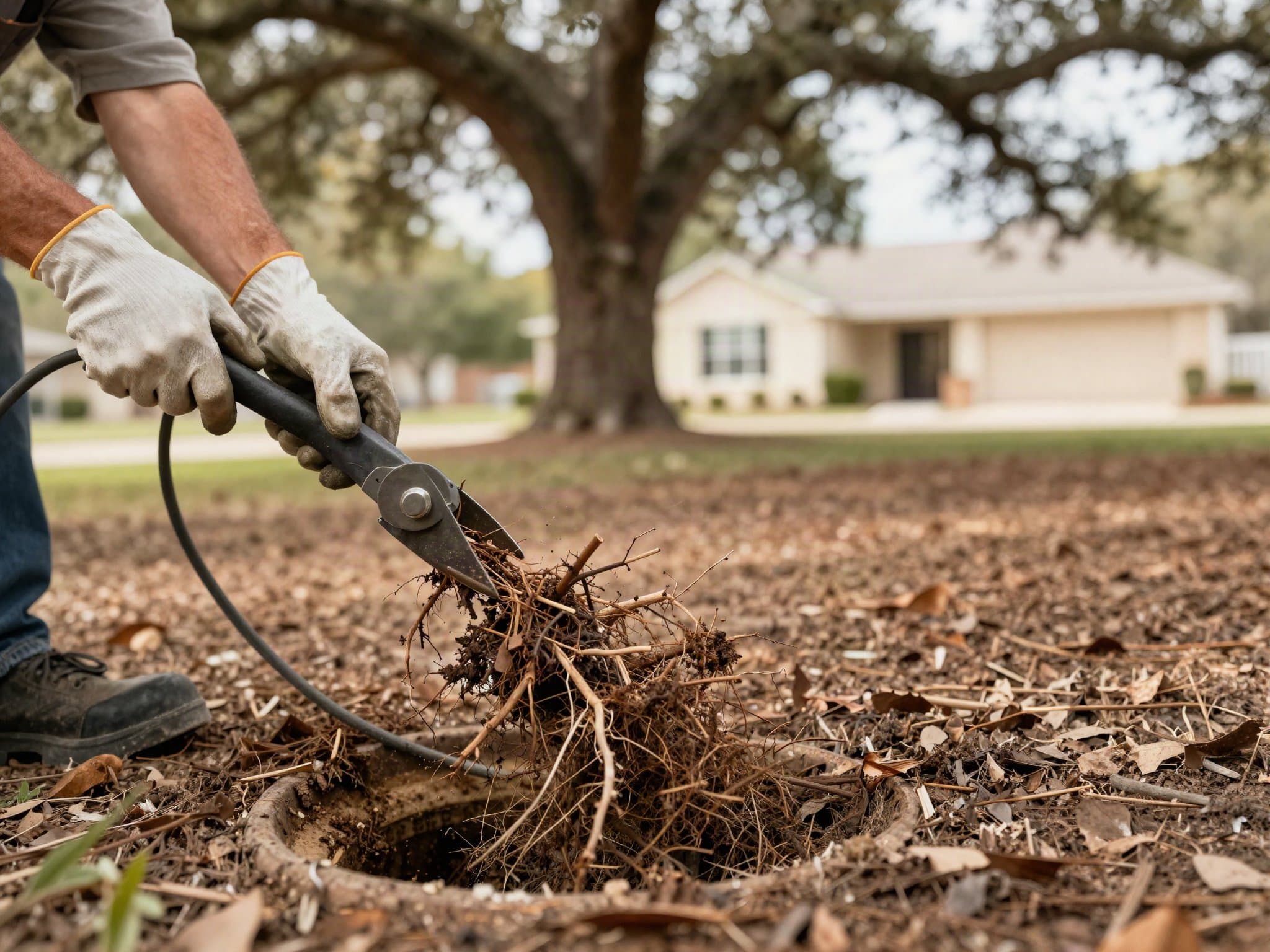 Plumber removing tree root intrusion from a sewer line during a cleaning
